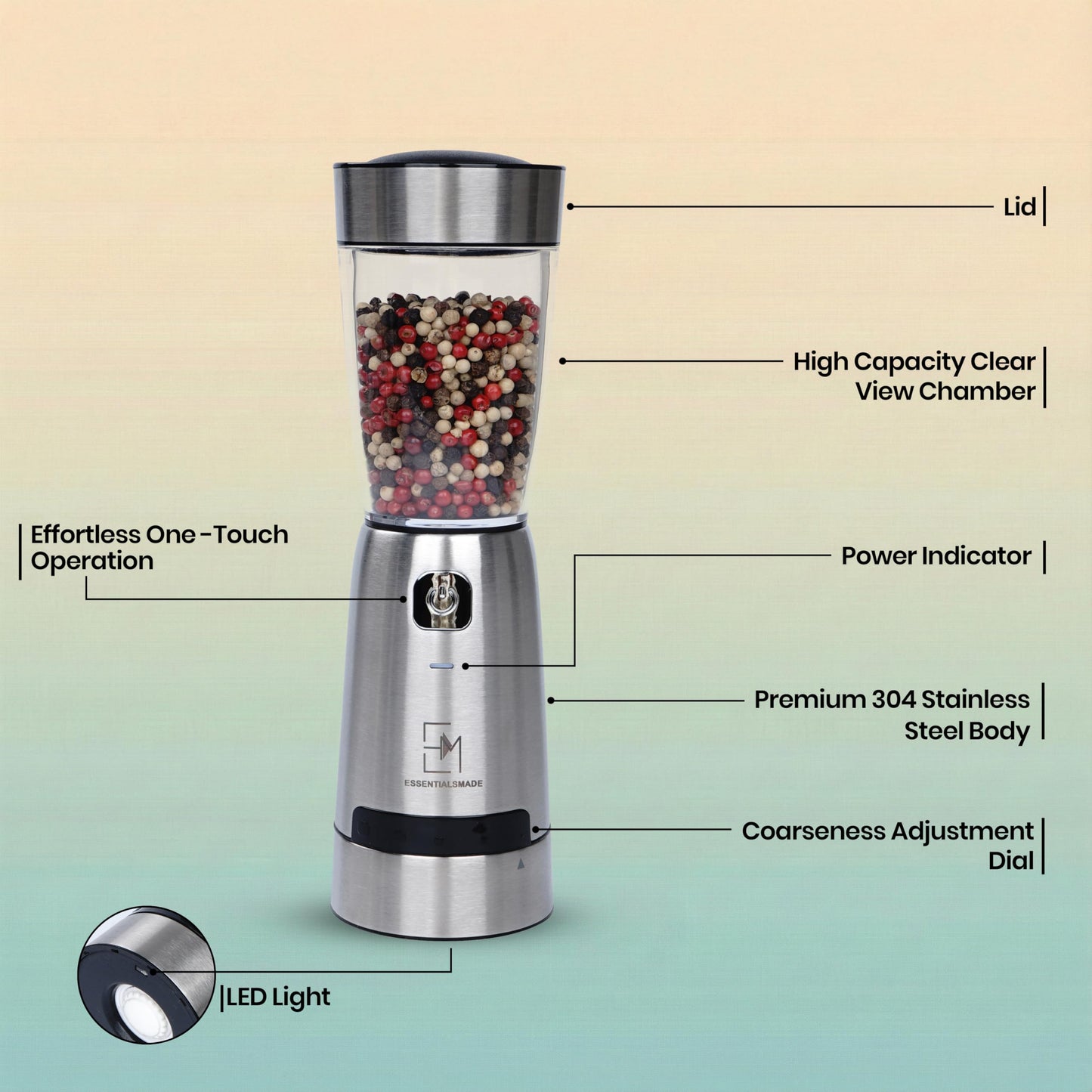Essentialsmade Electric Salt and Pepper Grinder Set – Rechargeable Stainless Steel Mills – Upgraded 800mAh Battery, Large 200ml Capacity, & 5 Adjustable Coarseness Levels – Kitchen Seasoning Tools