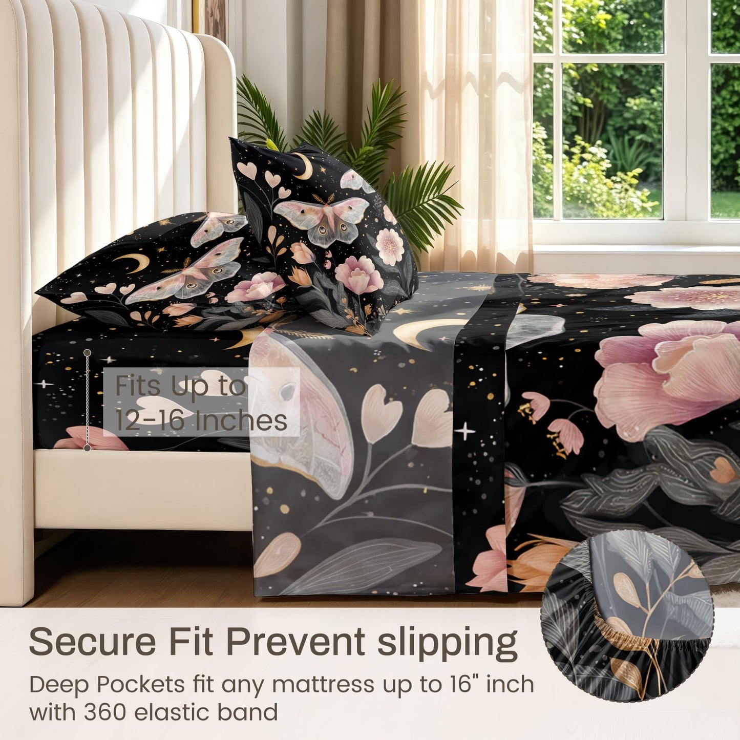 Pink Luna Moth Bedding Set 4 Pcs Girls Moon Star Queen Sheets