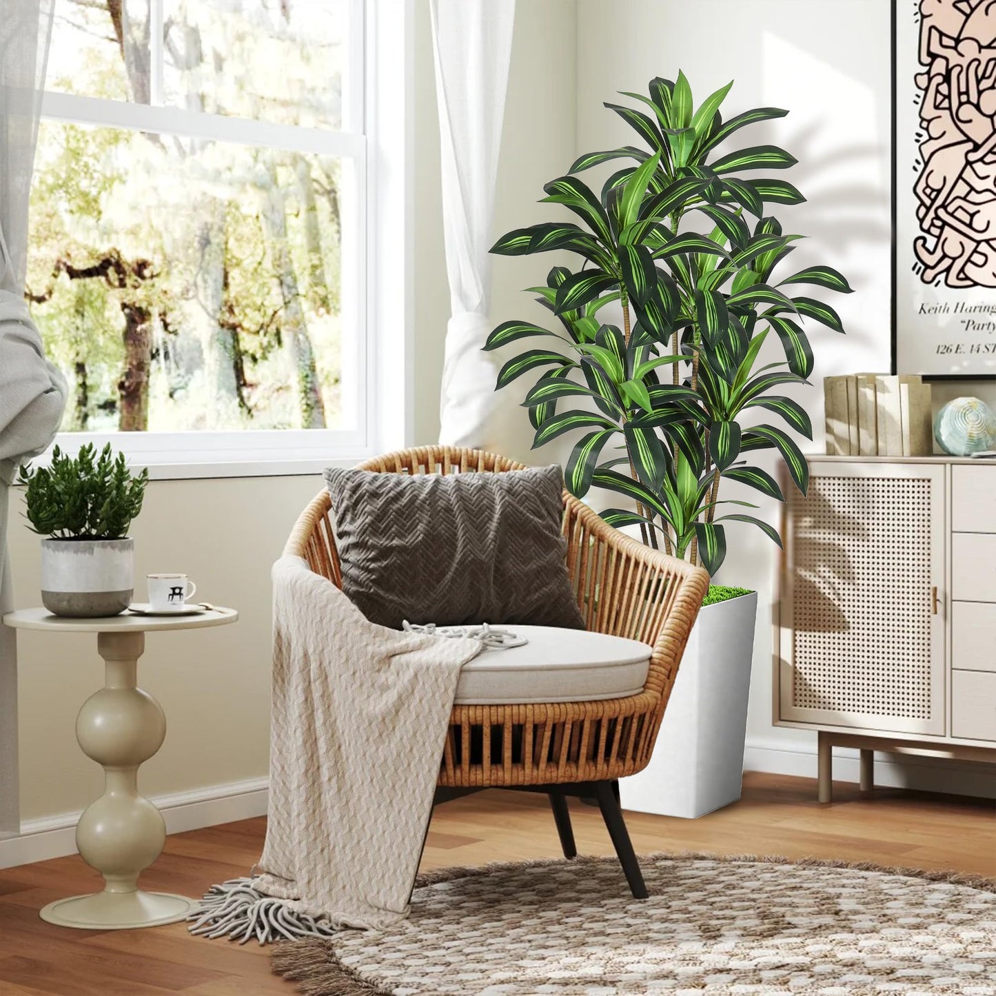 Wrbtn Realistic Artificial Indoor Plant Tree - Tall Fake Dracaena Potted Plant for Home Office Decor, Living Room & Bedroom - Lifelike Faux Plant Tree with Pot-Palm(White, 6FT)