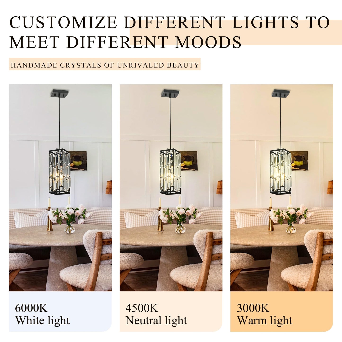 XLHYTF Black Hanging Kitchen Island Modern Concise Crystal Pendant Light Fixture, Adjustable Mini Crystal Pendant Lights Kitchen Island for Kitchen, Dining Room, and Bedroom (3 Pack)