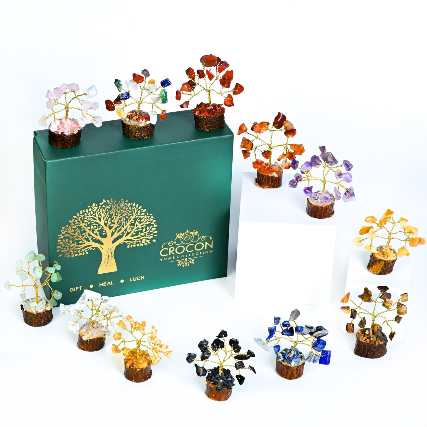 Crocon® Set of 12 Crystals Mini Stone Tree of Life Birthday Gifts for Women, Home & Office Decor, Money Tree Healing Crystals Gift Set Mom & Father Gift Ideas Housewarming Gifts New Home Sister & Dad