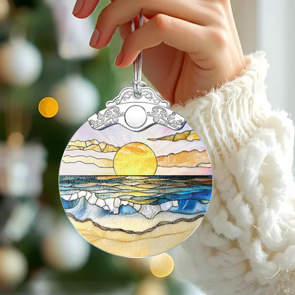 Beach Sunset Stained Glass Ornament, Christmas Ornament – Christmas Tree Decor, Holiday Decoration, Stocking Stuffer, Festive Gift Idea, Gifts for Ocean Lover, Nature Lover, Friend, and Family