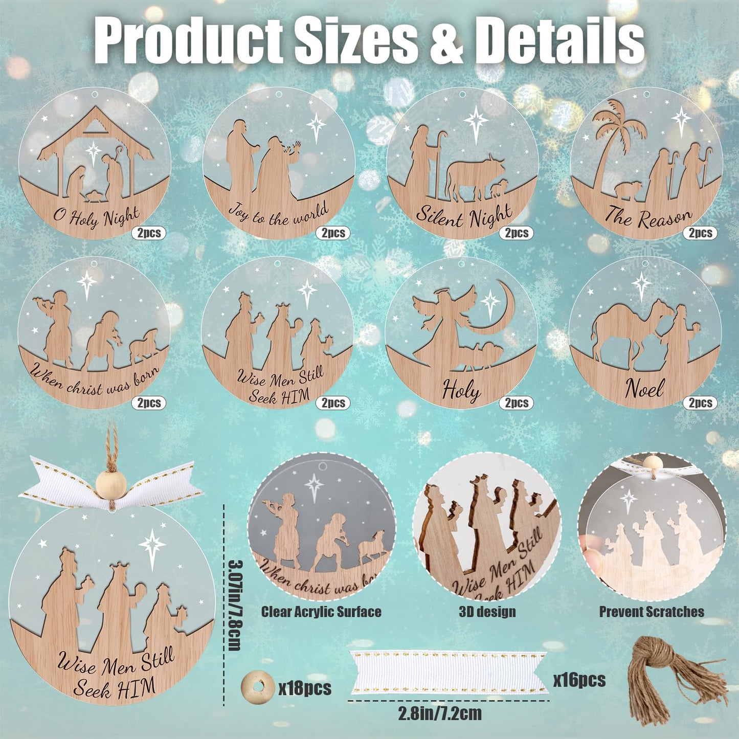 GuassLee 16pcs Nativity Christmas Ornaments - 3D Wooden Acrylic Cut File Nativity Scene Christmas Crafts Ornaments for Kids Tree Indoor Decorations