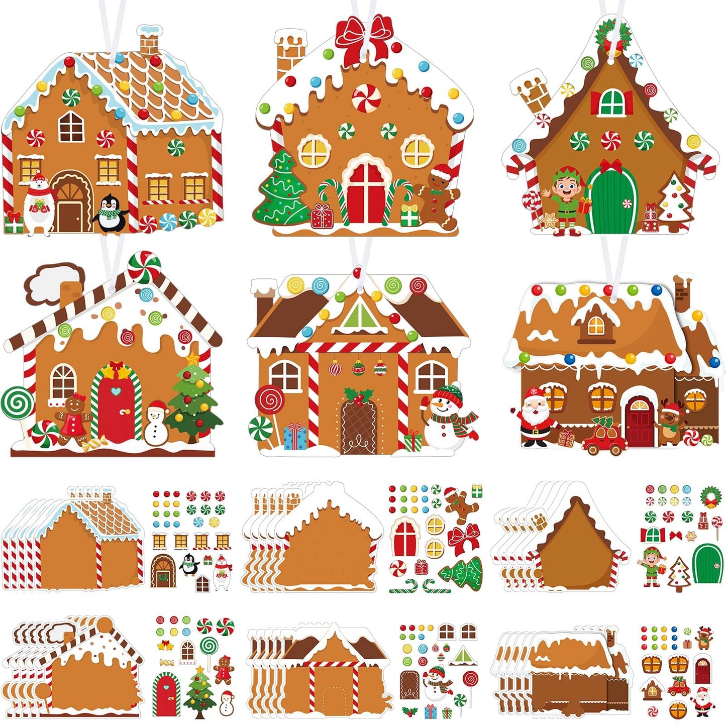 Pasimy Christmas Crafts Kits for Kids Xmas Gingerbread House Crafts DIY Christmas Tree Ornament Kit Make Your Own Gingerbread House Craft Stickers for Holiday Xmas Classroom Party Favors(48pcs)