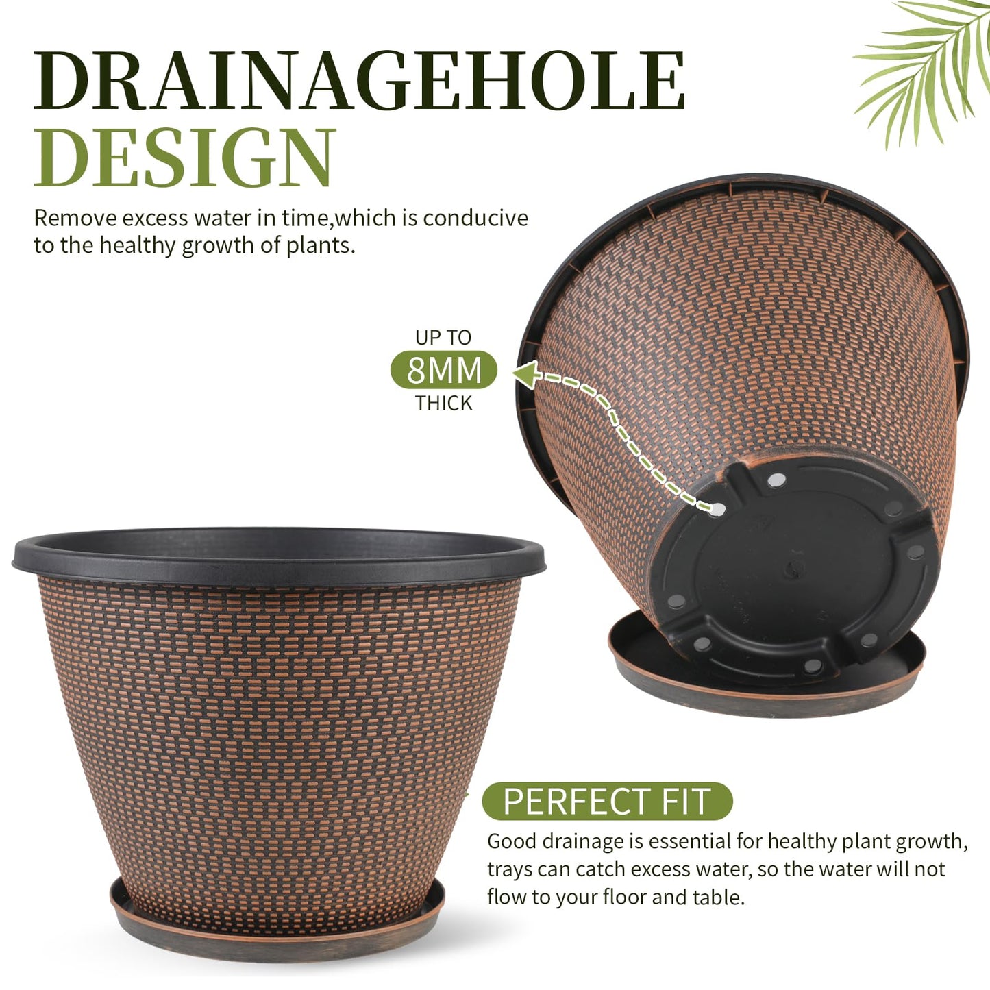 16 inch Plant Pots, Large Planters for Outdoor Plants Set of 4, Round Plastic Flower Pots with Drainage Holes & Trays, Modern Decorative Indoor Garden Pot, Plant Container for House (Black Copper)