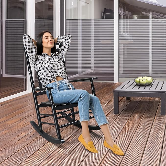 VINGLI Wooden Rocking Chair, Outdoor Chair with 450 lbs Support, Relaxing Rocker with Solid Wood High Back Seat Reclining Seat for Deck, Garden, Backyard, Porch, Indoor or Outdoor Use (Black, 2PCS)