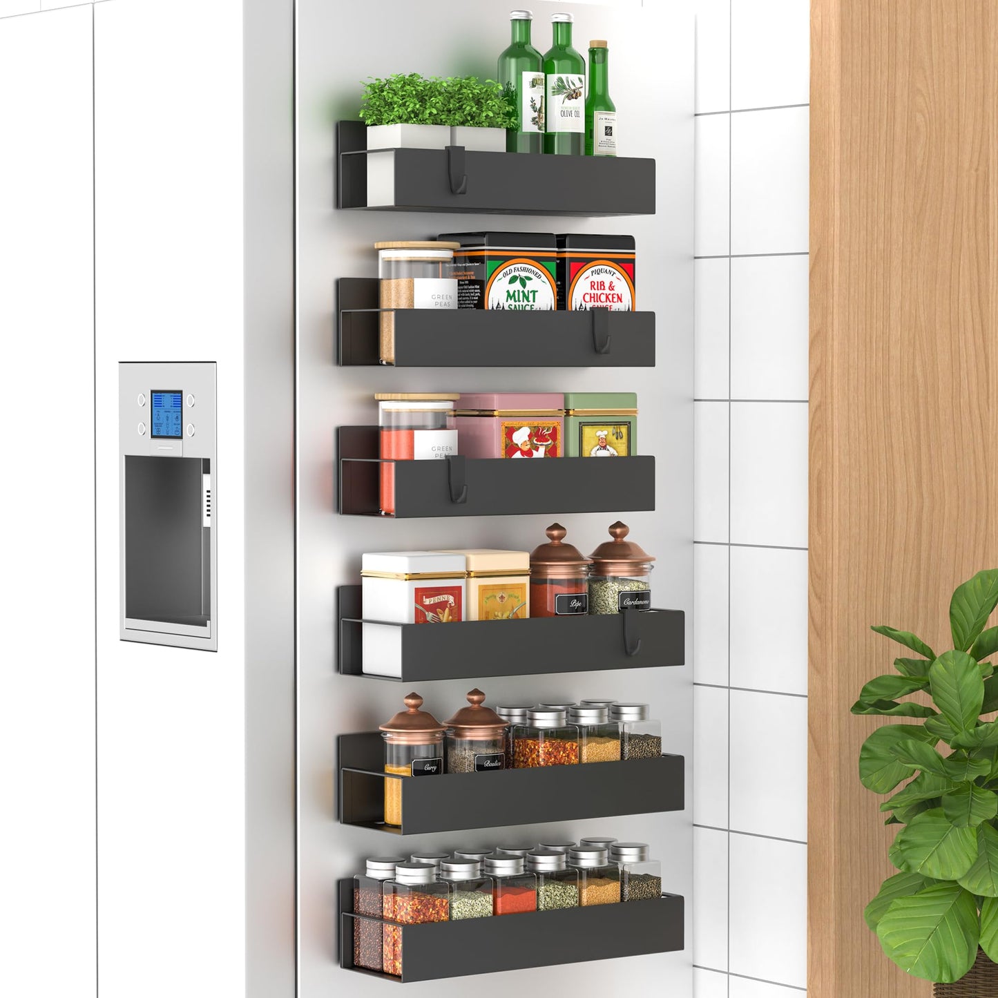 Metal 4 Pack Magnetic Spice Storage Rack Organizer for Refrigerator and Oven, Black Fridge Organizers and Storage