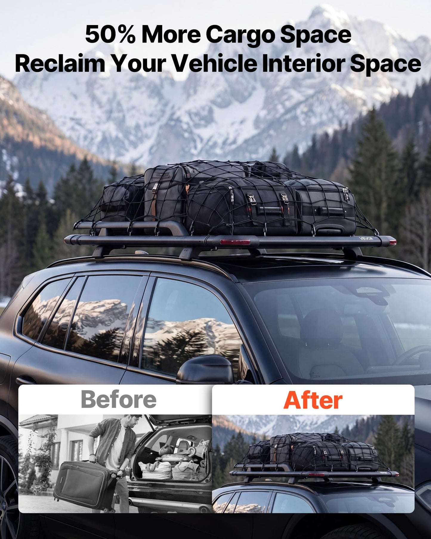 VEVOR Roof Rack Cargo Basket, 64 x 39 x 4.53 in, Heavy Duty Roof Top Carrier Basket with Extension, 200 lbs Capacity, All-Weather Car Top Luggage Holder, Universal Fit for SUVs Trucks Vehicles Pickups