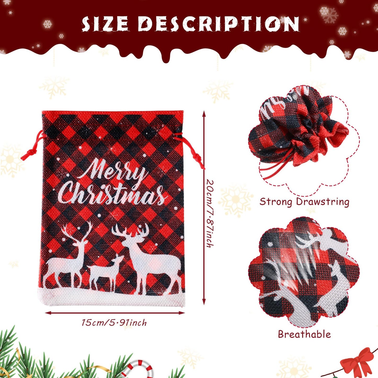 Shappy 16 Pcs Christmas Burlap Bags with Drawstrings, 6 x 8in Small Christmas Gift Bags Baskets for Xmas Presents Holiday Party Favors Supplies, Mini Linen Treats Candy Sacks(Buffalo Plaid)