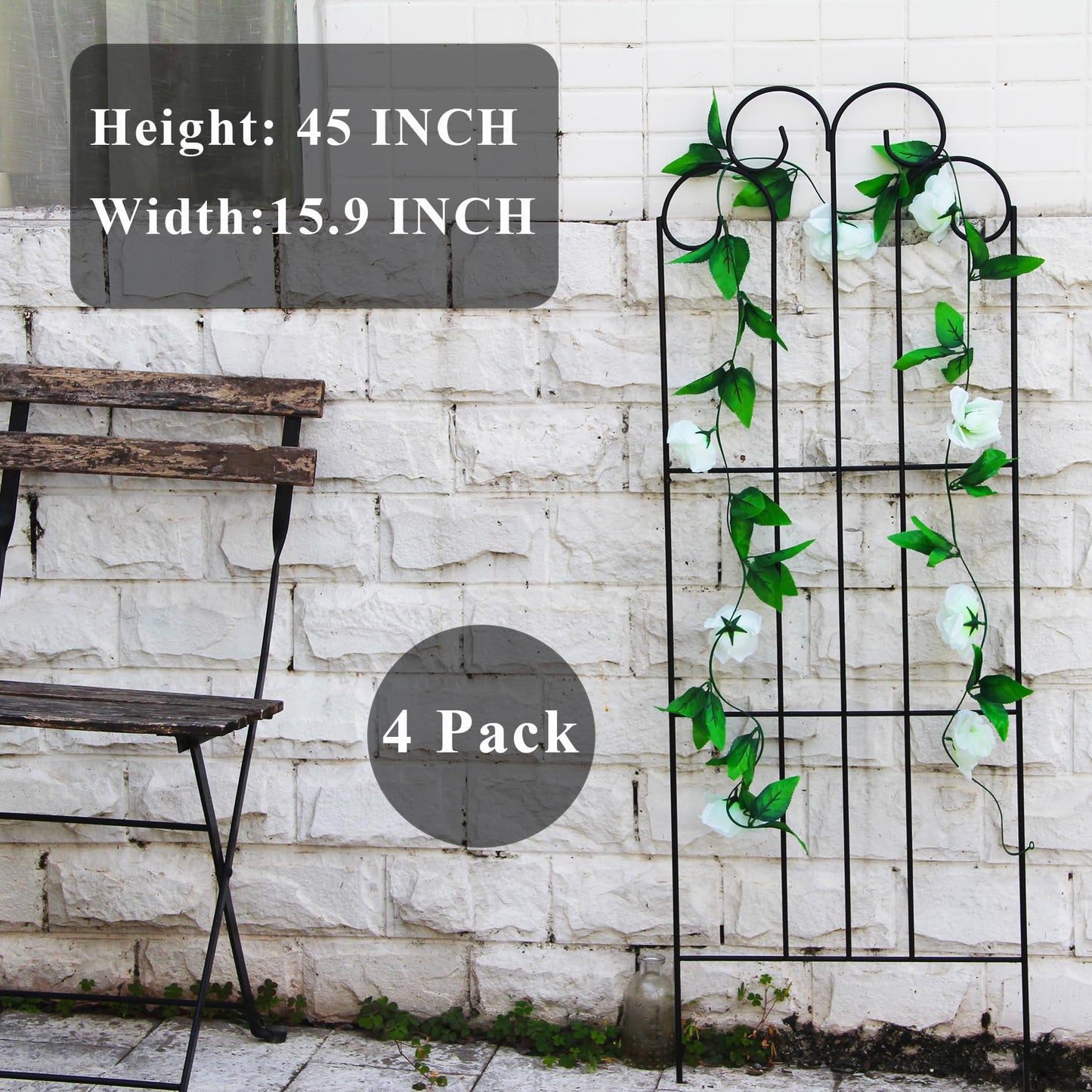 SCENDOR 4 Pack Black Garden Trellis 45” x 15.9” for Climbing Plant Rustproof Iron Plant Support Patio Flower Metal Trelli Wire Lattices Grid Panels for Ivy Cucumbers Clematis Roses