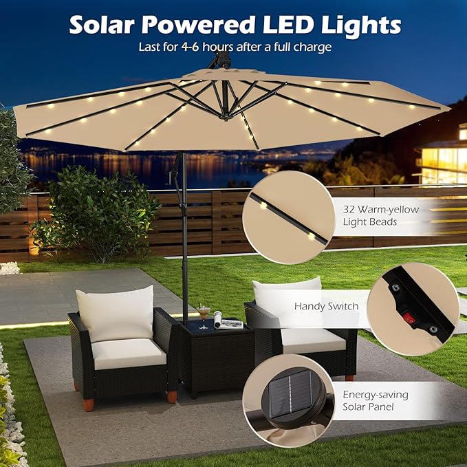 Tangkula 10ft Solar LED Patio Umbrella with Base, Offset Cantilever Outdoor Umbrella with 32 LED Lights, Infinite Tilt, 360 Degree Rotation, Crank Handle for Pool Deck Garden Backyard (Beige)