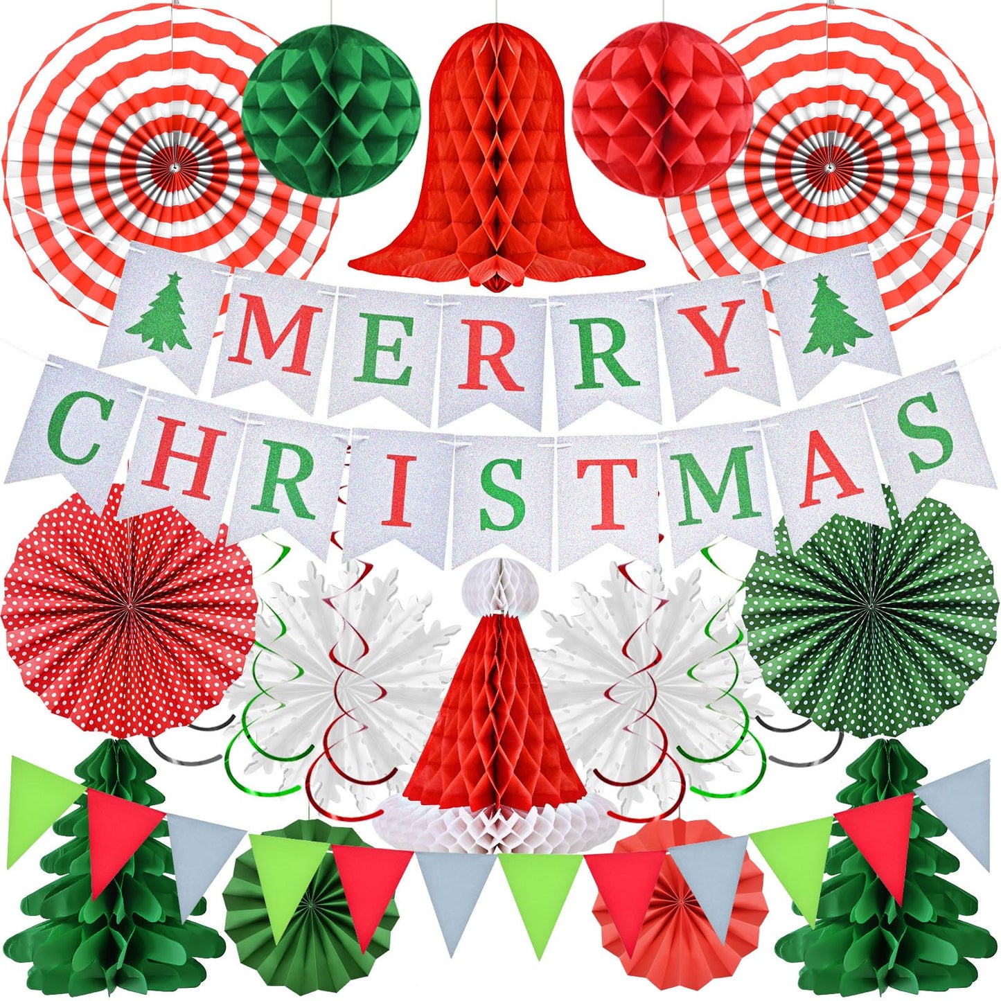 Ahfulife Christmas Party Decorations Supplies Set, Reusable Xmas Decor Kit Indoor - Merry Christmas Sign Banner for Home, Xmas Pennant Banner, Hanging Paper Tissue Fan Tree Garland