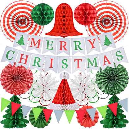 Ahfulife Christmas Party Decorations Supplies Set, Reusable Xmas Decor Kit Indoor - Merry Christmas Sign Banner for Home, Xmas Pennant Banner, Hanging Paper Tissue Fan Tree Garland