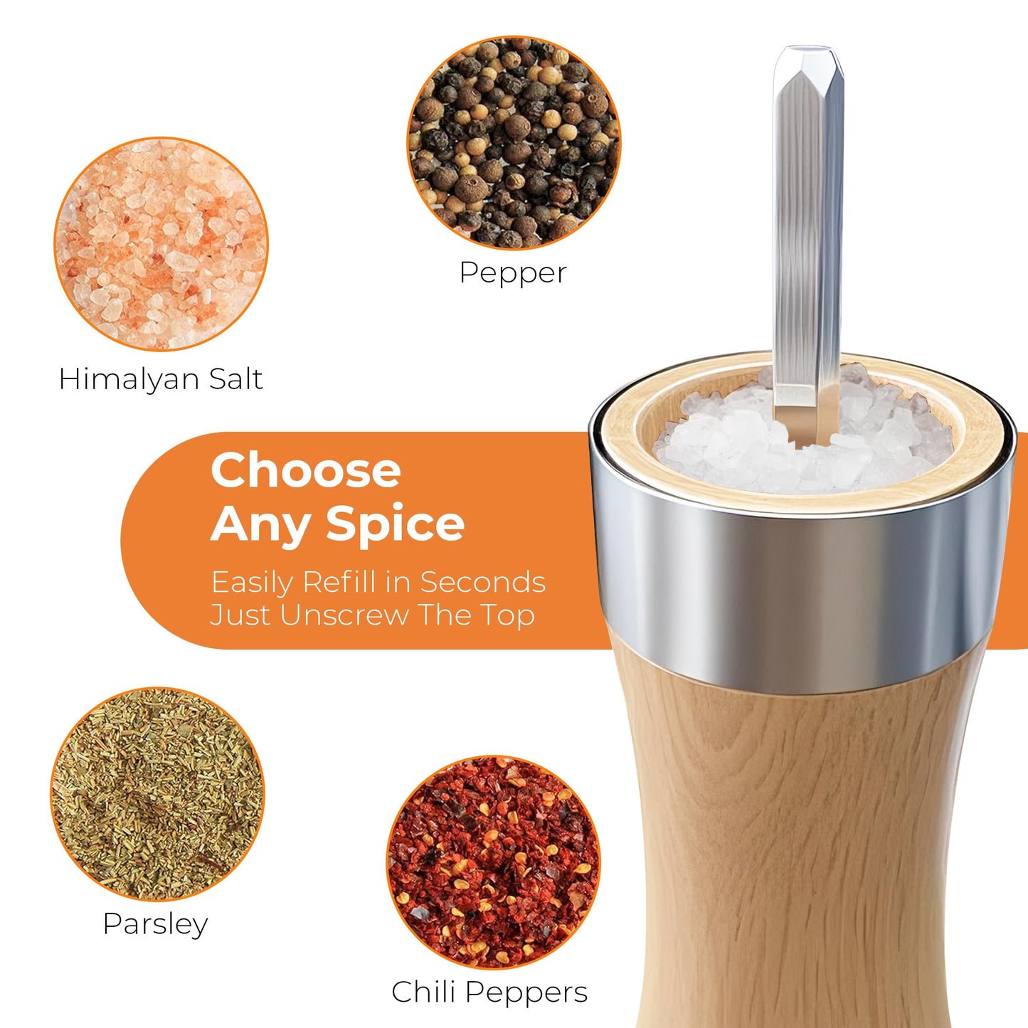 WARMKEY Kitchen Wooden Salt and Pepper Grinder Set: Refillable Salt & Pepper Mills Adjust for Customized Coarseness, 9" 5PC with Tray & Spoons,Non-Slip Base-Kitchen Counter Decor