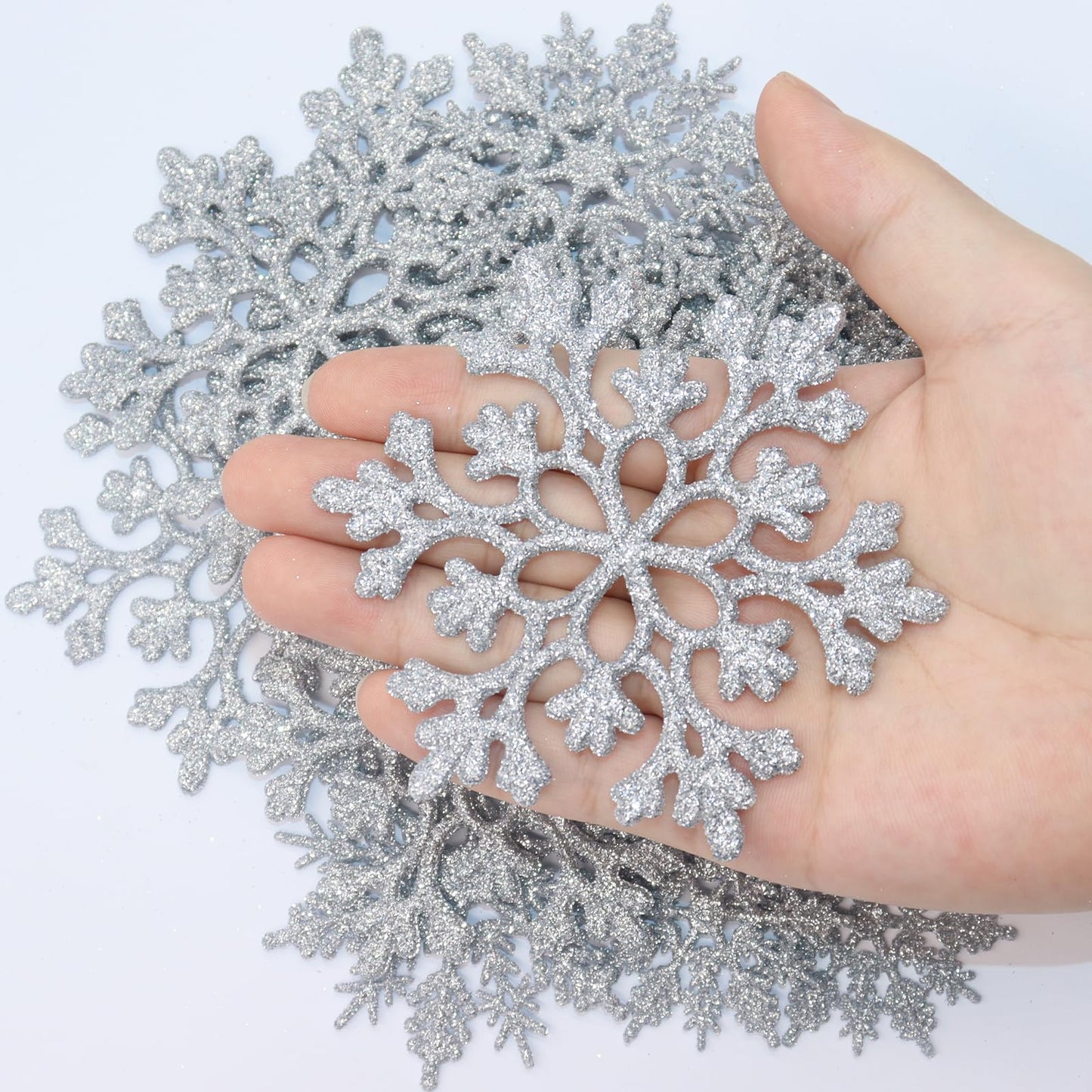 36pcs Christmas Silver Snowflake Ornaments Plastic Glitter Snow Flakes Ornaments for Winter Christmas Tree Decorations Size Varies Craft Snowflakes