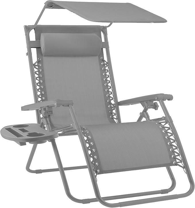Best Choice Products Folding Zero Gravity Outdoor Recliner Patio Lounge Chair w/Adjustable Canopy Shade, Headrest, Side Accessory Tray, Textilene Mesh - Dove Gray