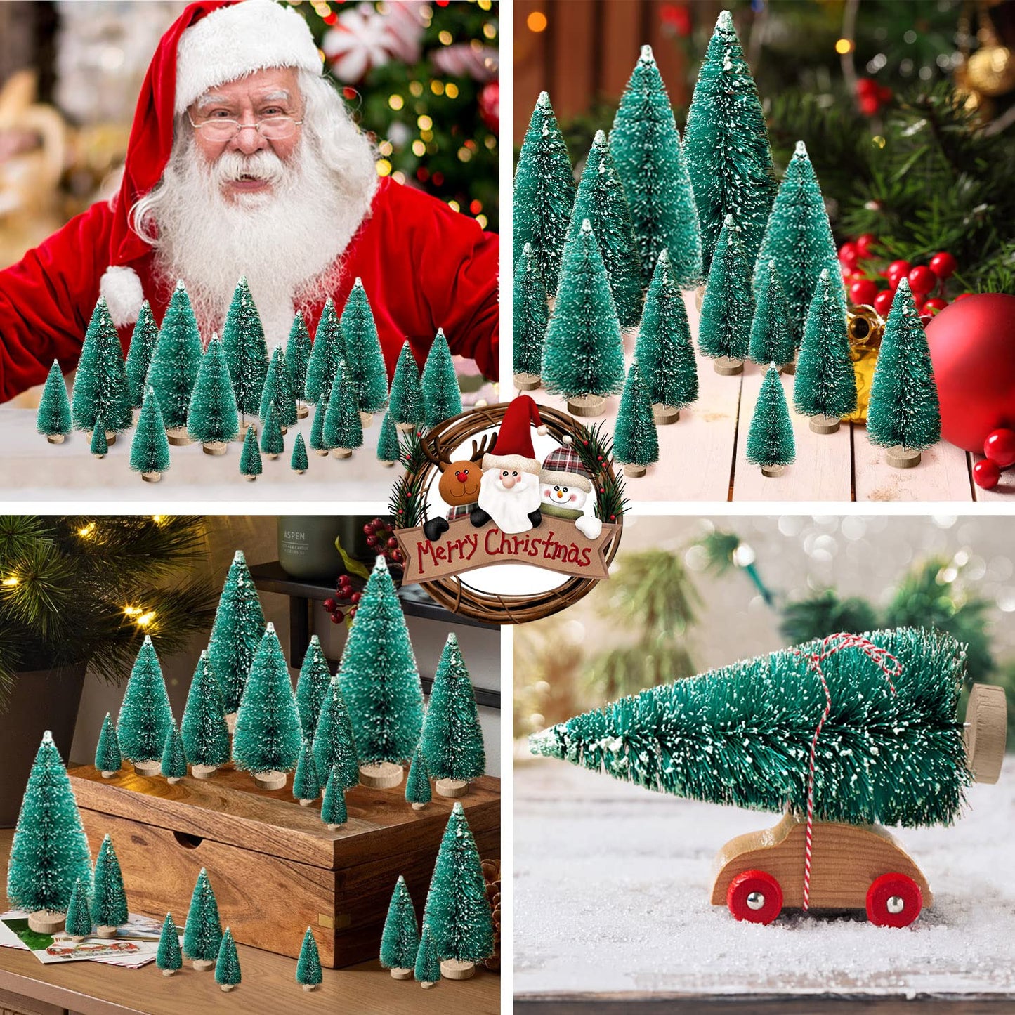 30Pcs Mini Christmas Trees - Artificial Christmas Tree Bottle Brush Trees,Sisal Snow Trees with Wooden Base for Christmas Decor Party Home Table Craft Decorations(Green)