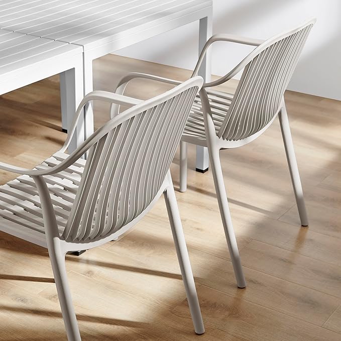 Modern Stackable Outdoor & Indoor Plastic Dining Chairs Set, Outdoor Breathable Armchairs Set, Weather-Resistant, Ideal for Patios, Cafes, and Home Use, No Assembly, Set of 4 (Grey)