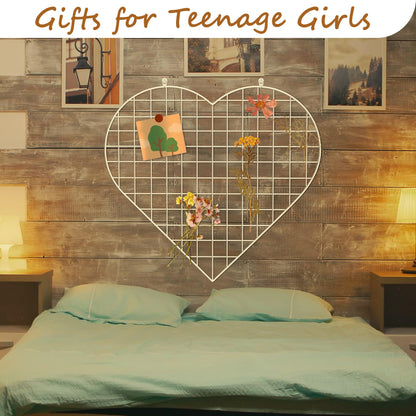 ECLENYES Grid Photo Wall Panels - 22.4"x20.4" Heart Shape Iron Rack Art Wire Board, Wall Grid Organizer, DIY Photo Frame for Home, Office, Kitchen, Bedroom, Christmas Gifts - White