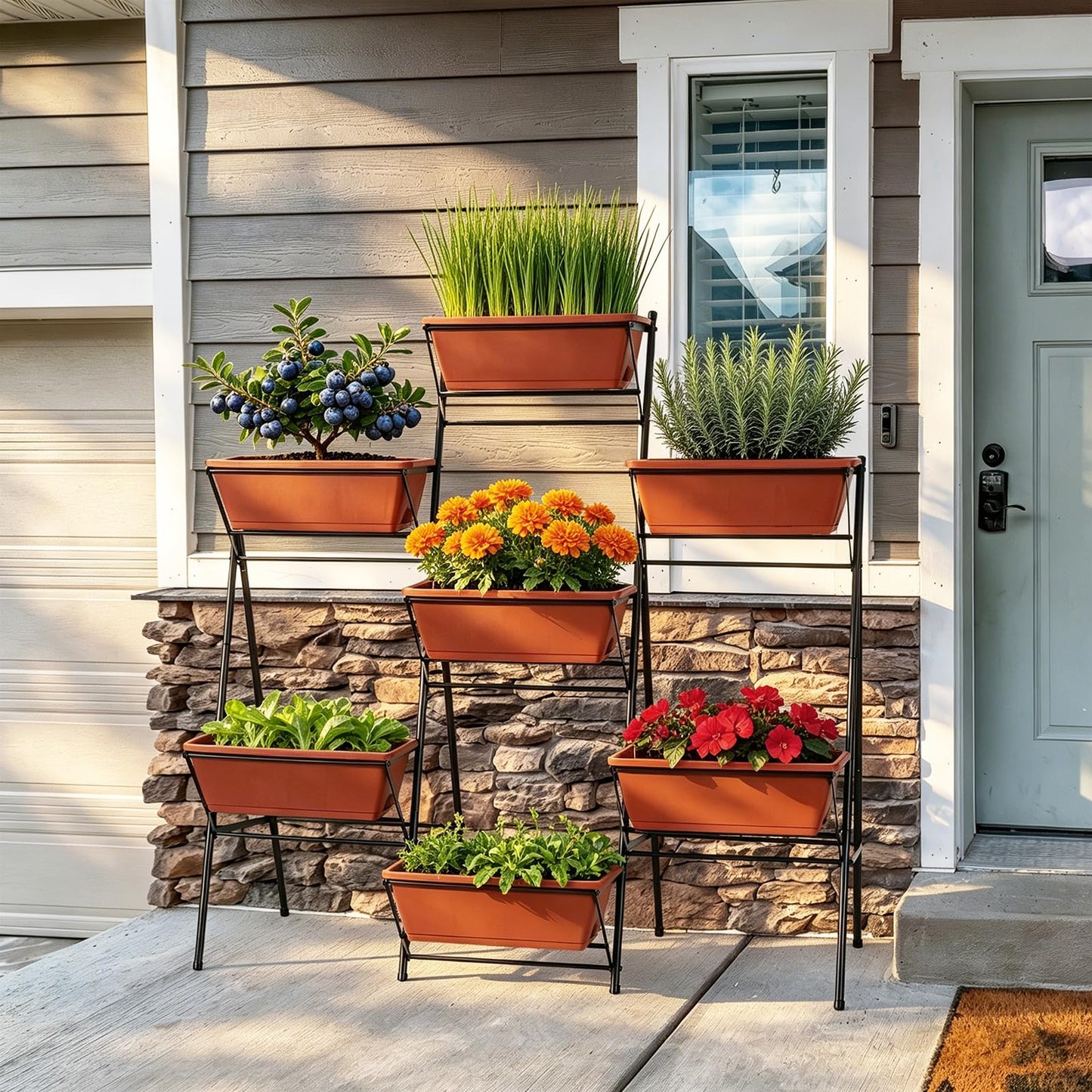 Sunexinlo 5-Tier Vertical Garden Planter with 7 Plant Boxes & Drainage Trays, Metal Freestanding Raised Bed for Herbs Flowers Vegetables, Indoor Outdoor for Patio Balcony Deck, Brick Red