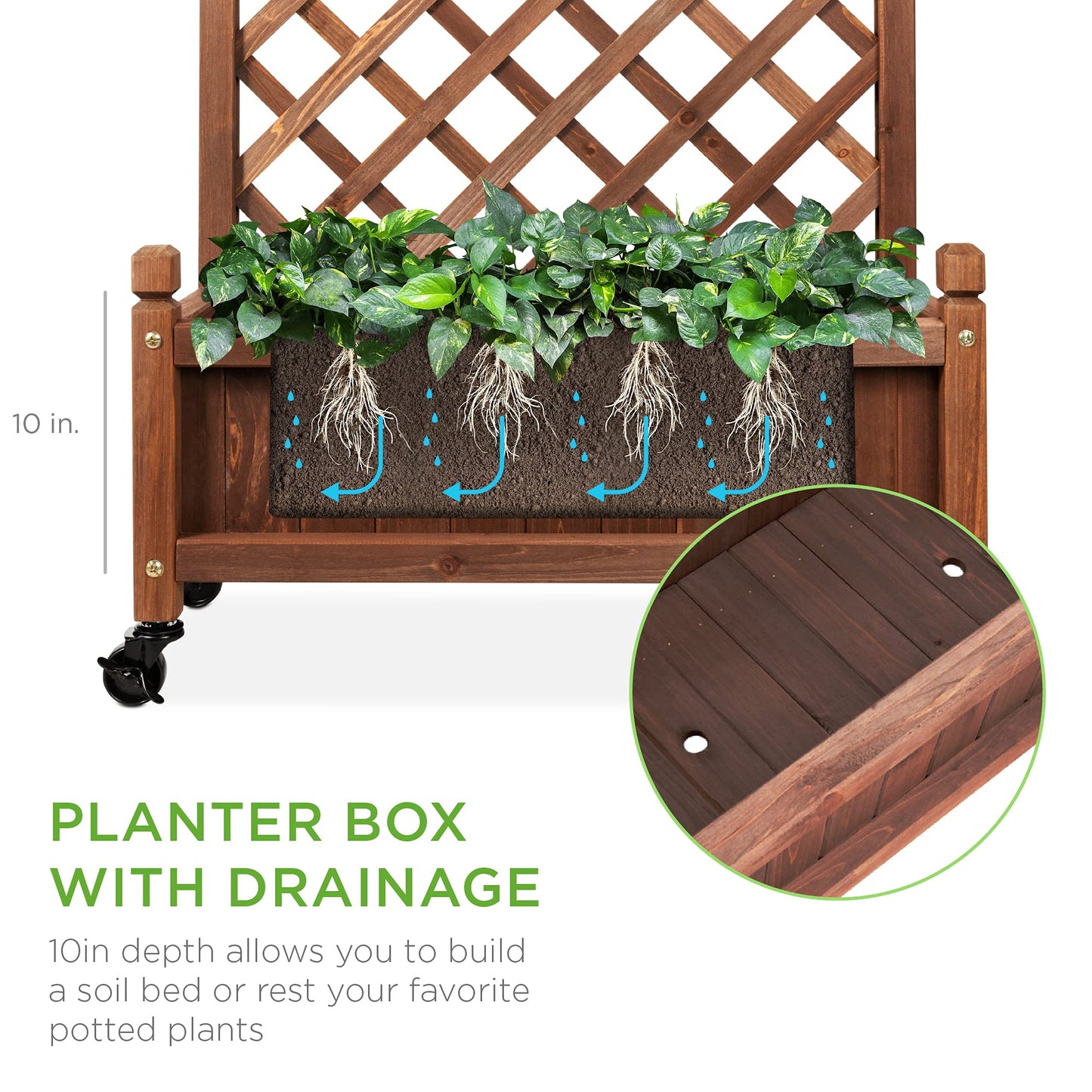 Best Choice Products 48in Wood Planter Box & Diamond Lattice Trellis, Mobile Outdoor Raised Garden Bed for Climbing Plants w/Drainage Holes, Optional Wheels - Walnut