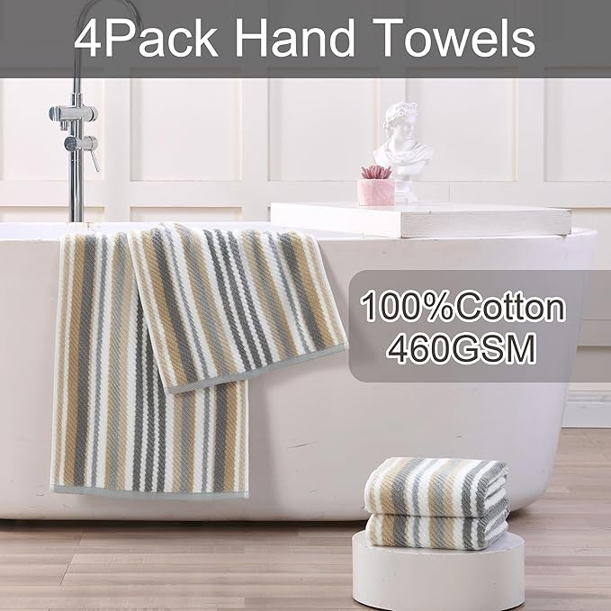 Beige Striped Hand Towels, Bathroom Hand Towels Set of 4, Soft Towel Set