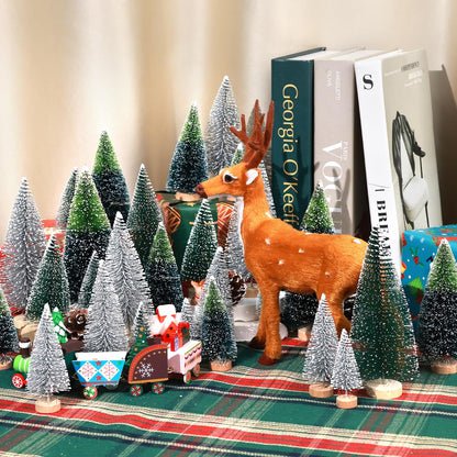 30Pcs Mini Christmas Trees Artificial Christmas Tree Bottle Brush Trees with Wooden Base for Christmas Decor Christmas Party Home Table Craft Decorations(Dark Green+Silver)