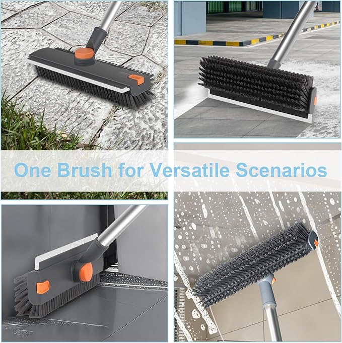 Floor Scrub V Brush with Long Handle 4 in 1 Silicone Scrape and Stiff Bristle