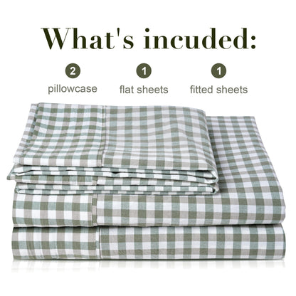 100% Cotton Full Sheet Set - 4 Piece Cotton Sheets Full Size Bed Set, Soft, Smooth, Durable, Easy Care, 16" Deep Pocket Checkered Green Sheets - 1 Flat, 1 Fitted, 2 Pillowcases