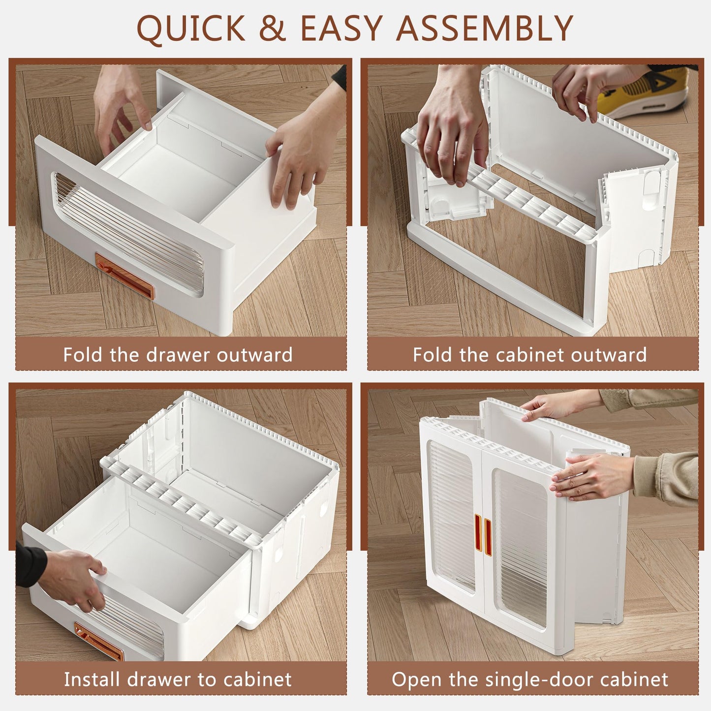 VECELO 226QT Stackable Storage Bins with Lids, Large Collapsible Storage Bins with Drawer and Movable Wheels, Adjustable Shelves, Anti-Tip, for Living Room, Bedroom, Kitchen, White