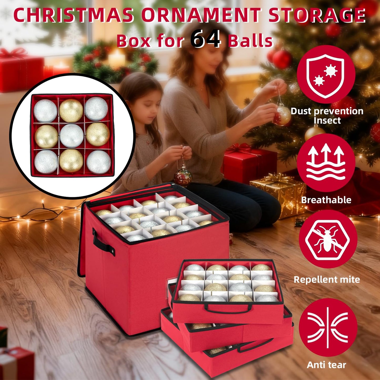 DIMESHY Christmas Ornament Storage Box With Adjustable Dividers,Ornament Storage Container With 4 Removable Trays for 64 Holiday Decorations,Red