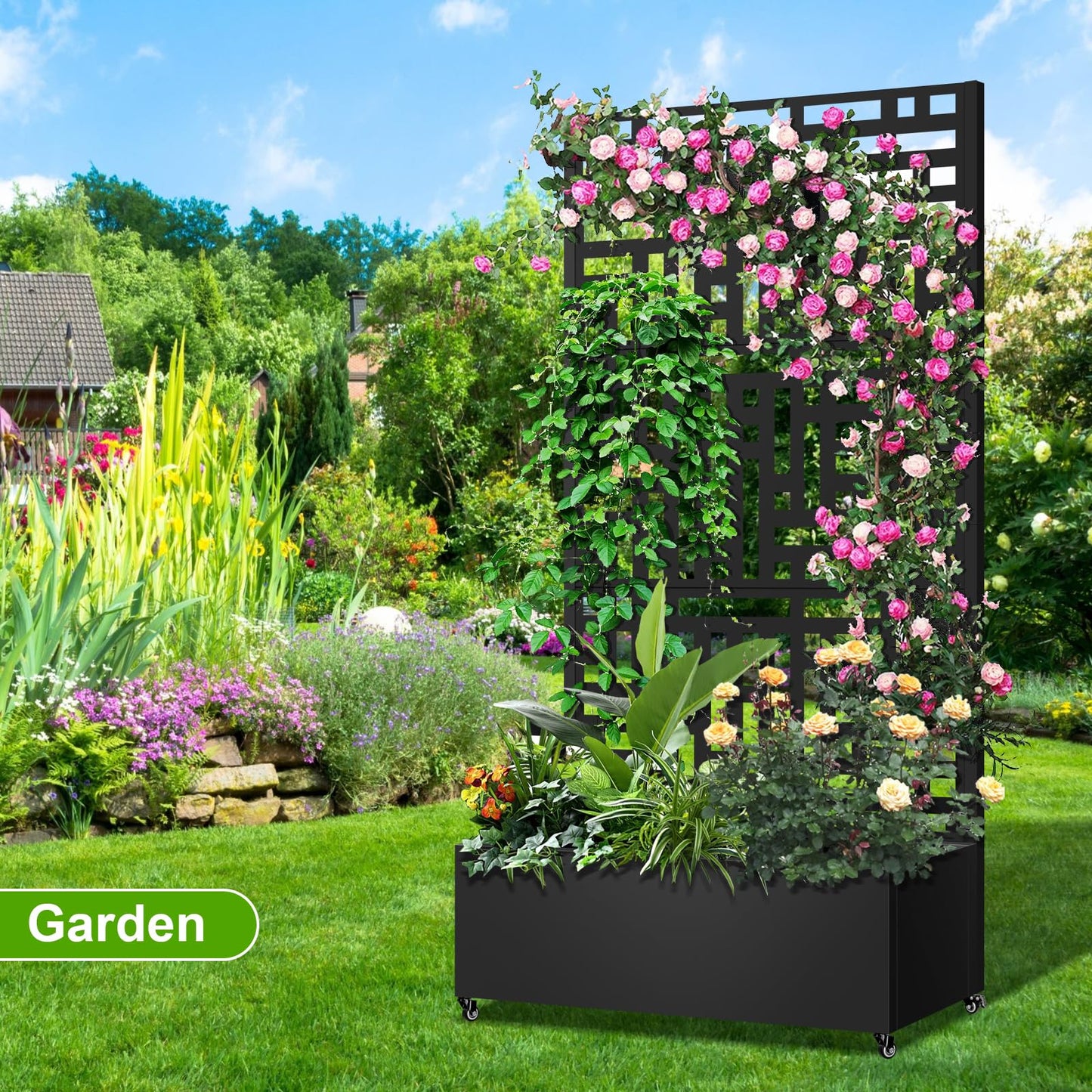 Meyoppm 72"x35"x16" Metal Planter Box with Trellis, Galvanized Steel Raised Garden Bed with Lockable Casters & Drainage Holes, Outdoor Large Planter Box for Climbing Plants, Vegetables & Flowers
