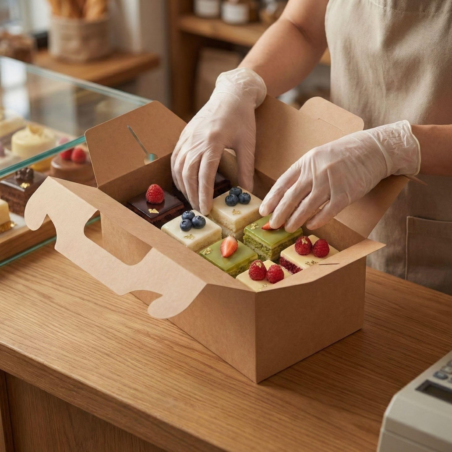 Restaurantware-Bio Tek 10.2 x 5.9 x 6.9 Inch Treat Boxes With Handles, 100 Rectangle Gable Boxes - With Secure Tab, Grease-Resistant, Kraft Paper Cardboard Boxes, Recyclable
