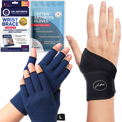 Doctor-Developed Wrist Brace & Essentials Cotton Gloves (Large, Navy) Bundle - Comfortable Hand Brace Support for Carpal Tunnel Relief, Tendonitis, and Everyday Use, Fits Left or Right Hand
