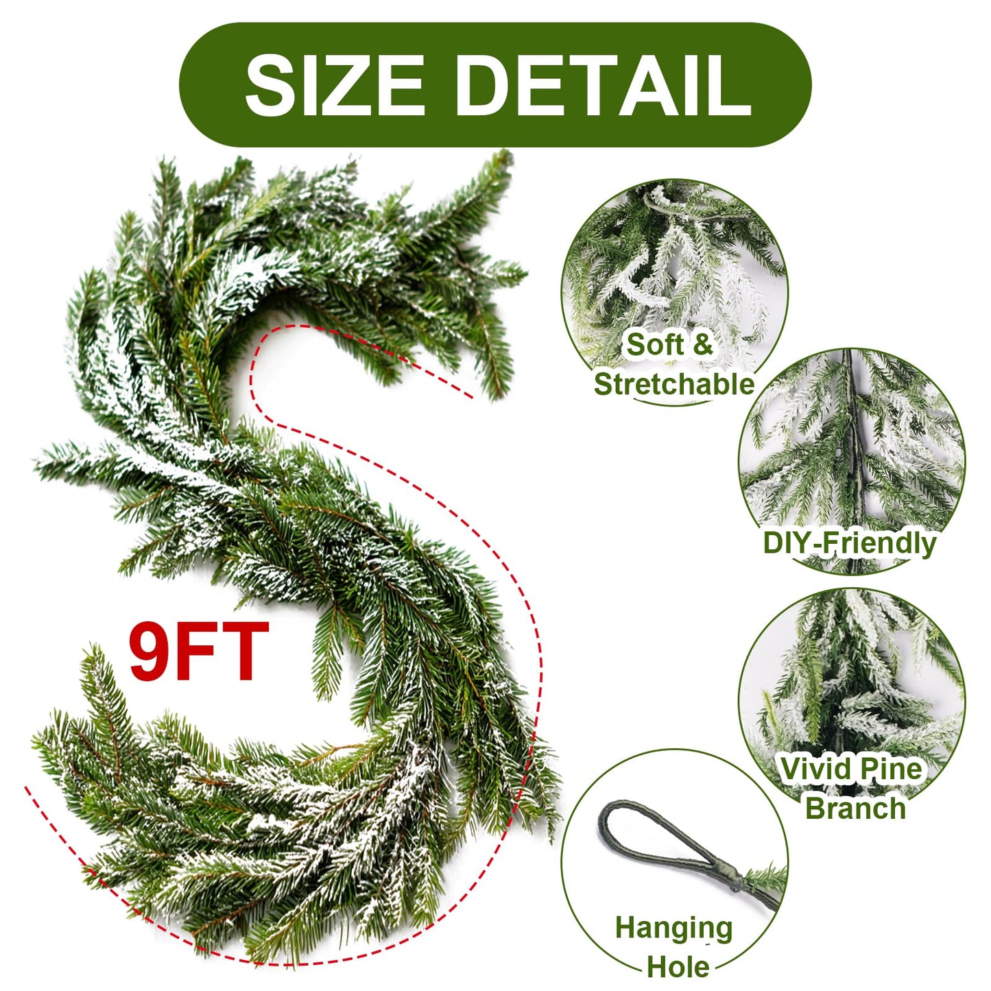 9FT Christmas Garlands Norfolk Pine Garland, Real Touch Artificial Winter Pine Garlands with Snowflake, Green Artificial Greenery Garland for Table, Wall, Mantle, Indoor, Outdoor Christmas Decorations