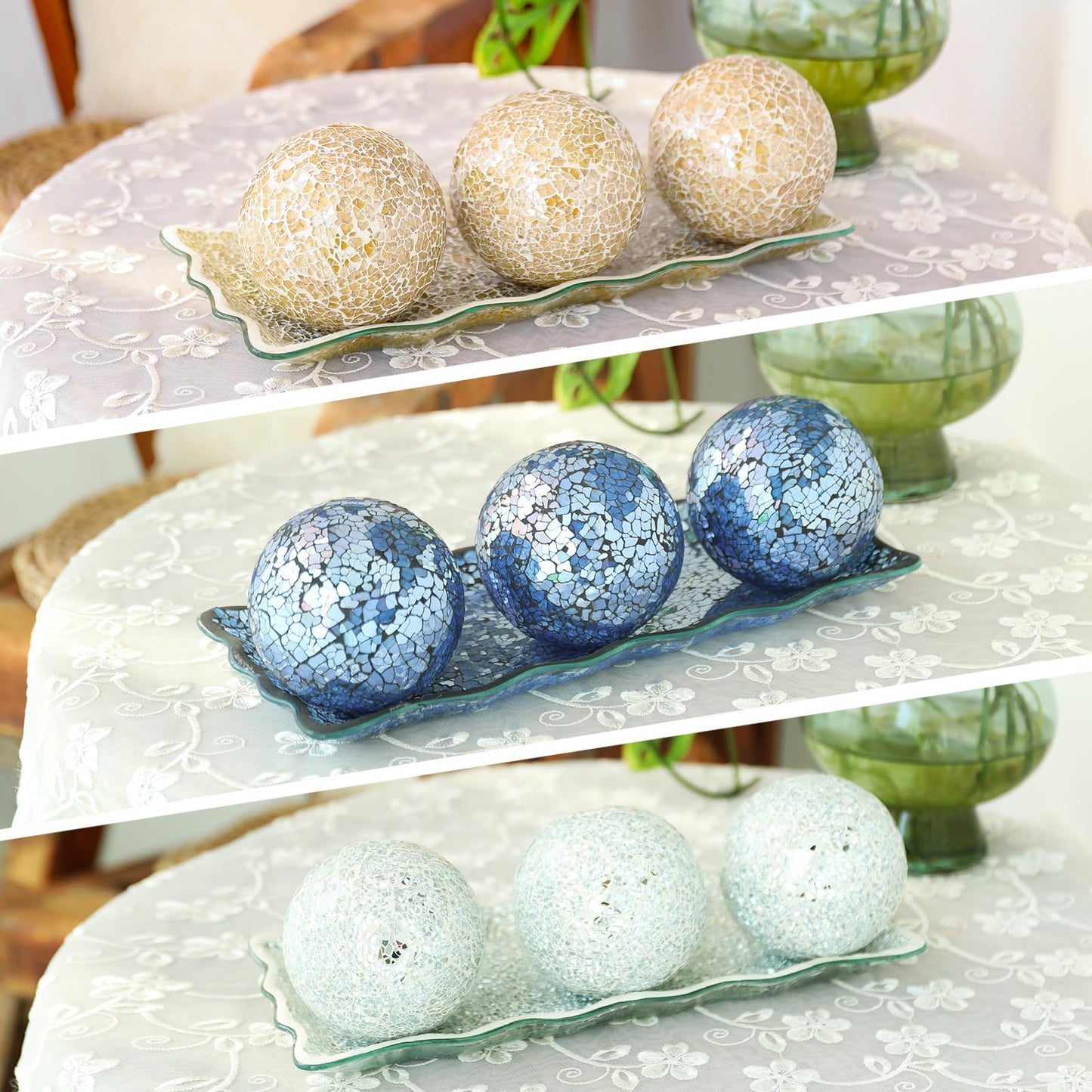VCUTEKA Decorative Balls and Glass Bowl, 4 Inch Mosaic Sphere Balls Centerpiece Balls for Coffee Table, Home Decor, Wedding Party Decor, Blue