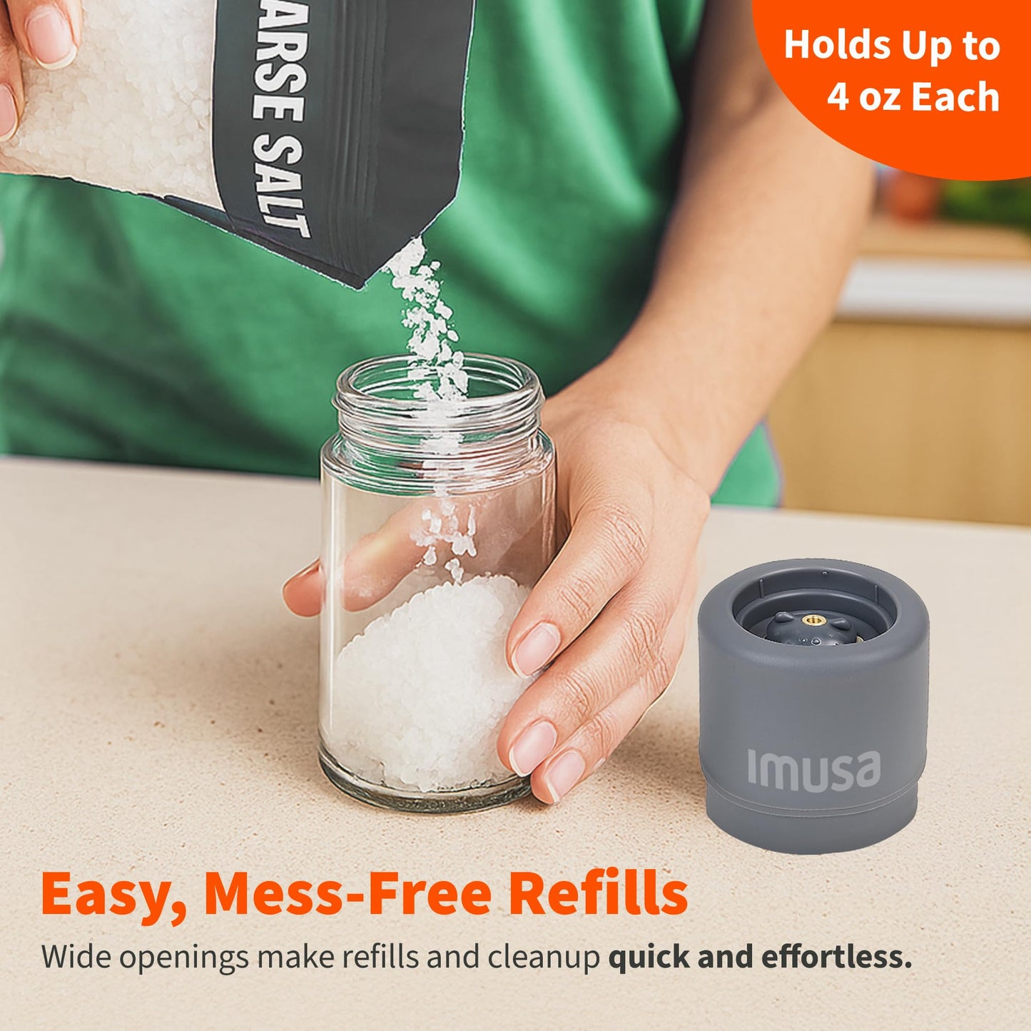 IMUSA Salt and Pepper Grinder Set – 2-Pack Manual Salt Grinder & Pepper Mill with Adjustable Ceramic Grinder for Coarse to Fine Spices, 4oz, Refillable Glass Base, Easy-Grip Salt & Pepper Set