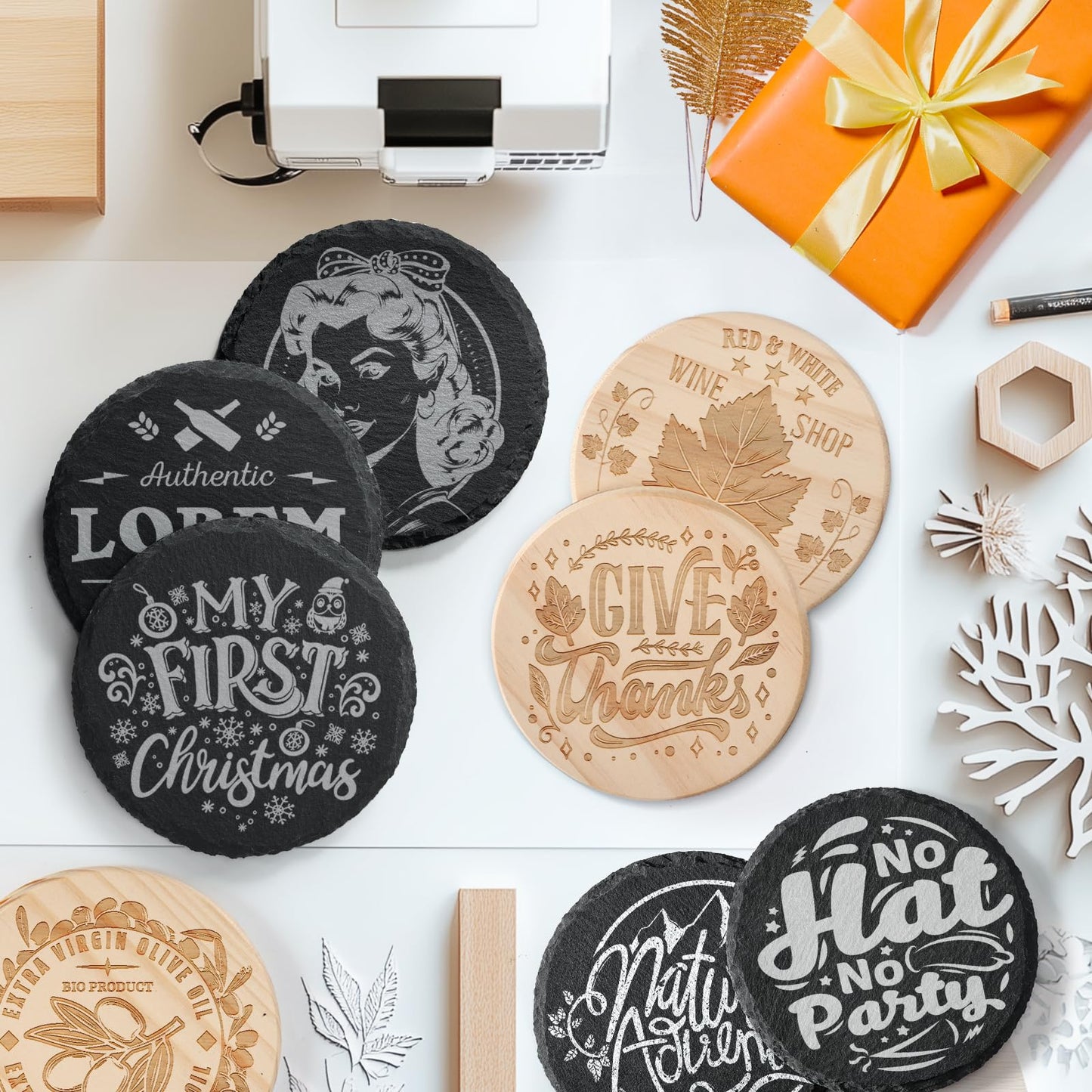 72 PCS Coasters for Laser Engraving, MAPRIAL 4 Inch 36 PCS Black Slate Stone Drink Coasters Bulk, 36 PCS Pine Wood, Engravable Blanks Material for Engraver, Halloween, Decor, Gifts, Crafts, Round