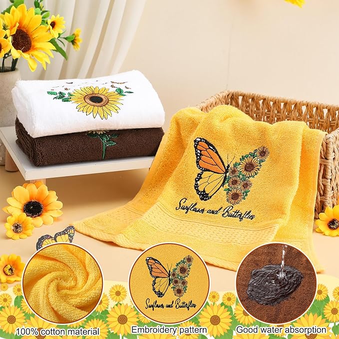 3 Pcs Sunflower Butterfly Hand Towels