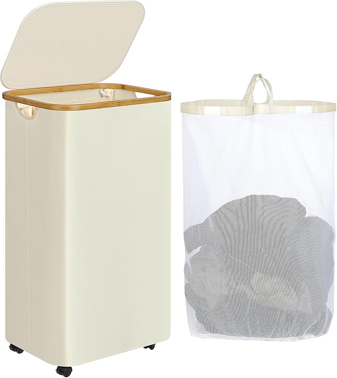 Laundry Basket with Wheels, 110L Beige Clothes Hamper