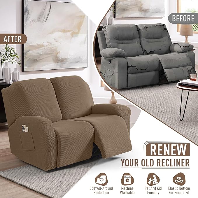 TAOCOCO Recliner Loveseat Slipcover, 6 Pieces Dual Recliner Sofa Covers