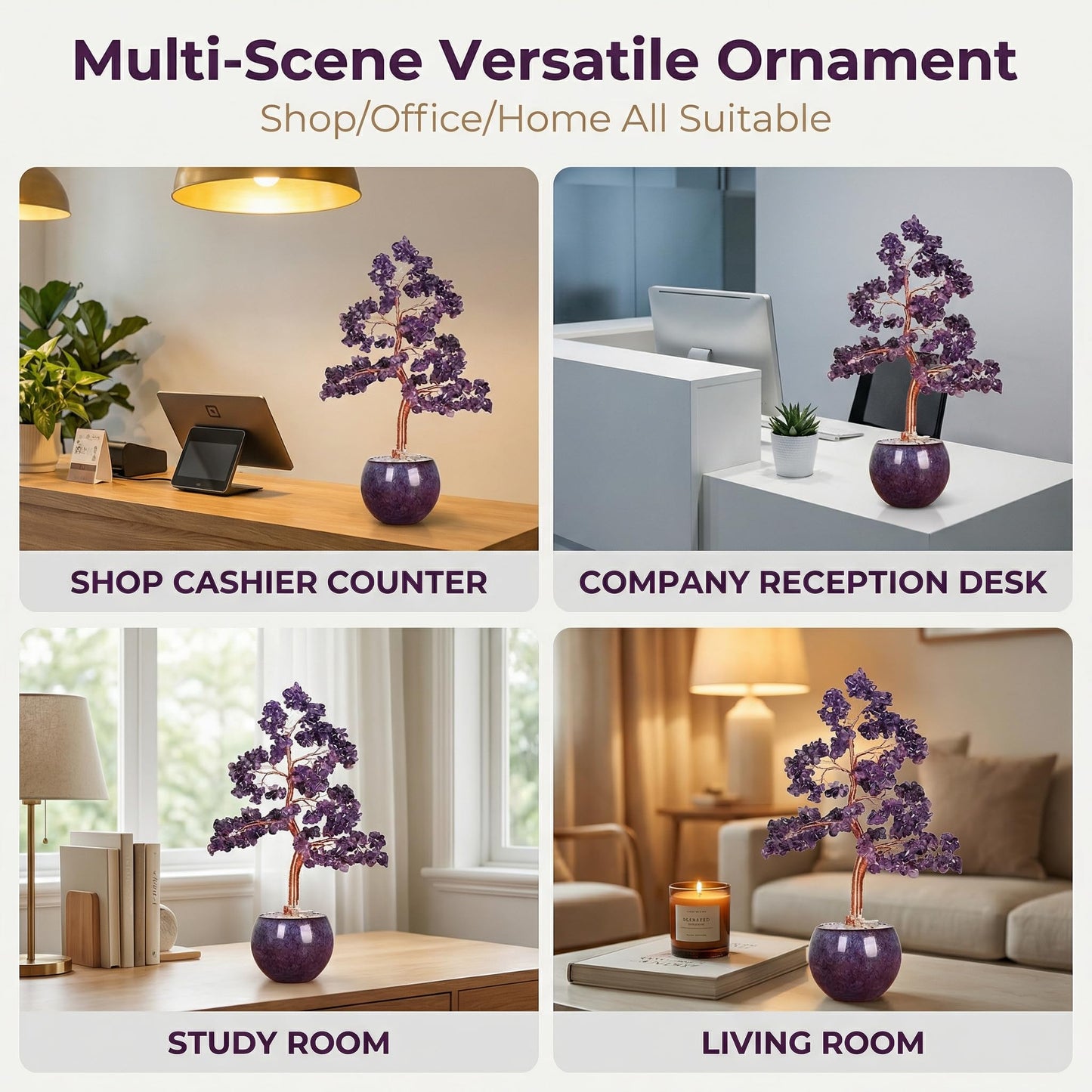 Fatonio Purple Amethyst Crystal Tree, Handmade Feng Shui Crystal Tree with Ceramic Pot Healing Crystal Tree Decor for Home Office Unique Gifts for Women Mom Birthday Christmas (Purple Base)