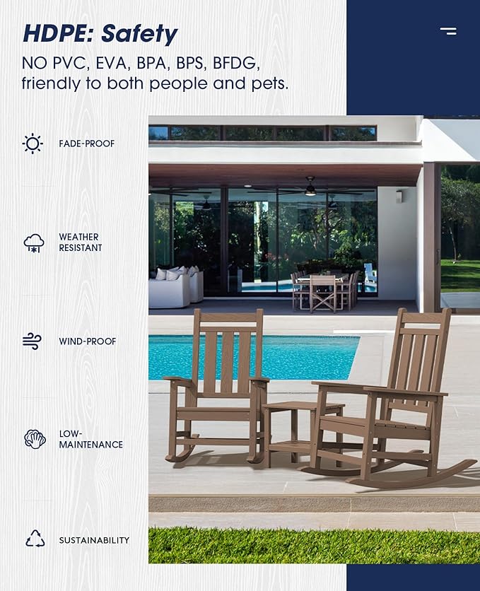 KINGYES Oversized Outdoor Rocking Chair Set of 6, All-Weather Patio Rocking Chairs for Porch, HDPE Outdoor Patio Rockers with High Back & Wide Seat for Garden, Lawn, Brown