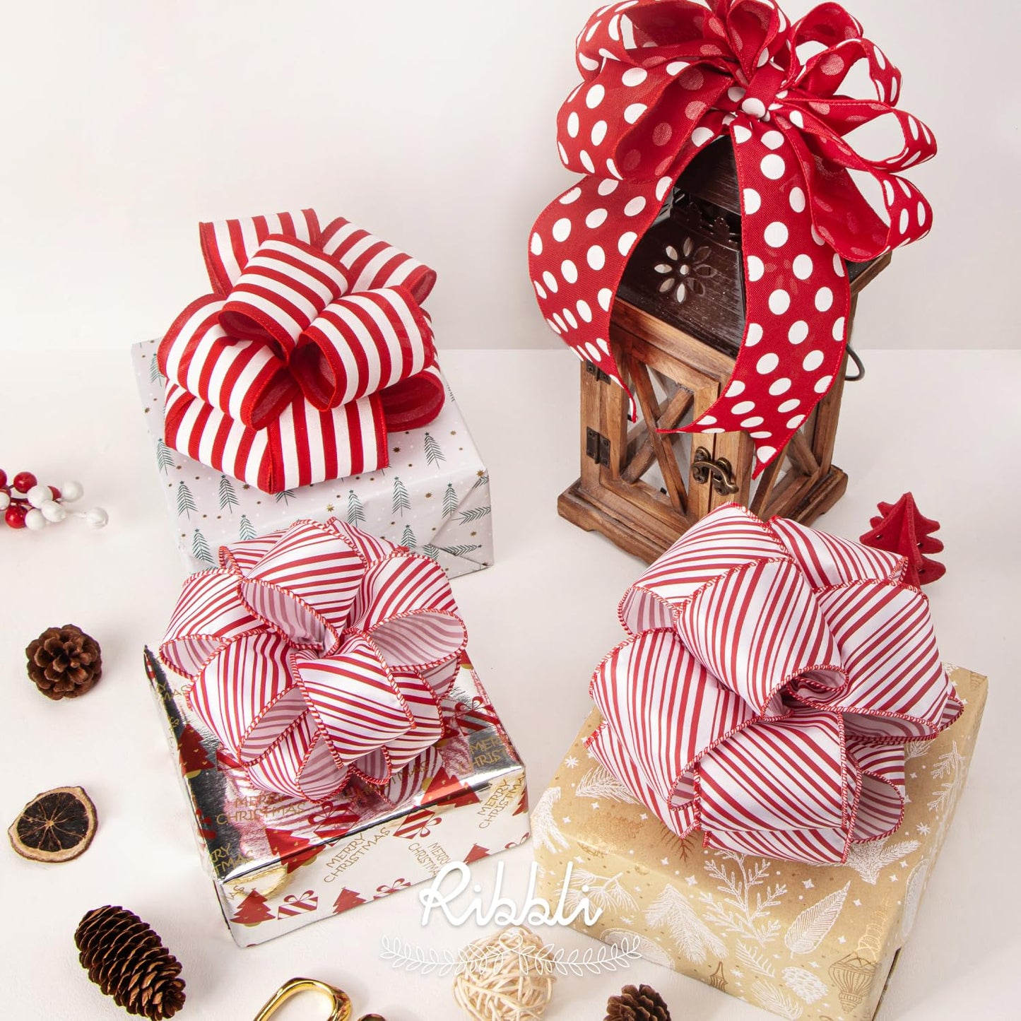 Ribbli Candy Cane Ribbon Red and White Stripe Wired Satin,1-1/2 Inch x Continuous 10 Yard,Peppermint Stripe Christmas Ribbon for Big Bow, Wreath,Tree Decoration, Outdoor Decoration