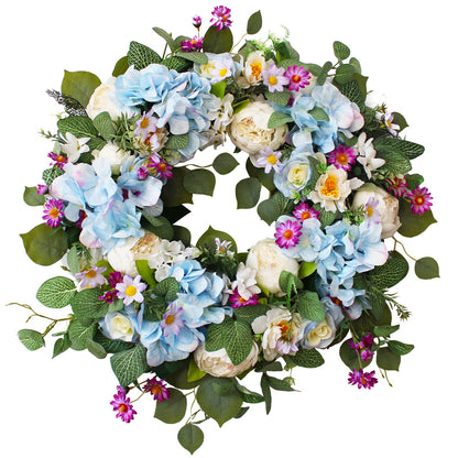 24 Inch Spring Wreaths for Front Door, Spring Wreath,Blue Hydrangea Wreath,Large Spring Summer Door Wreaths for Front Door Outside All Season Home Decor (Blue)