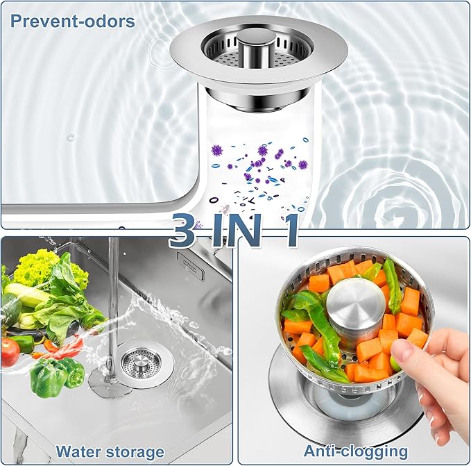 3 in 1 Kitchen Sink Drain Strainer ，304 Stainless Steel Kitchen Sink Stopper