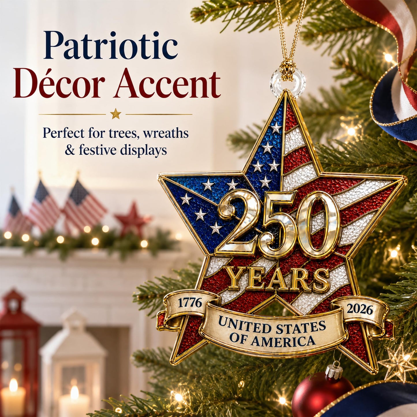 250th Anniversary USA Ornament 1776-2026, Patriotic Acrylic Star Ornament, Double Sided USA 250th Anniversary Merchandise, Patriotic Decoration for 4th of July, Independence Day