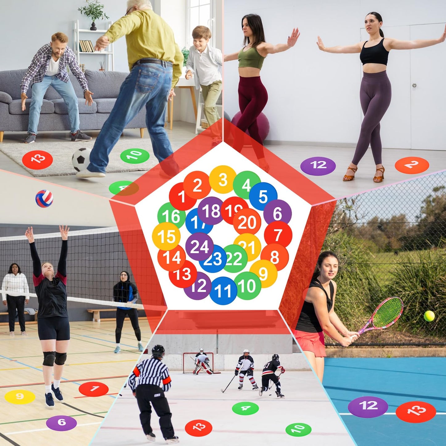 Douaowoc 24 Pieces 9 Inch Poly Spots, Anti-Slip Spot Markers Floor Spots, Waterproof Flat Filed Cones Poly Dots for Agility Drills, Basketball, Football Training, Sport Activities and Exercise