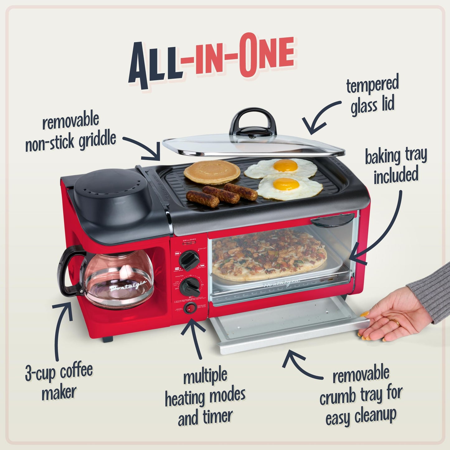 Nostalgia 3-in-1 Breakfast Station - Includes Coffee Maker, Non-Stick Griddle, and 4-Slice Toaster Oven - Versatile Breakfast Maker with Timer - Aqua