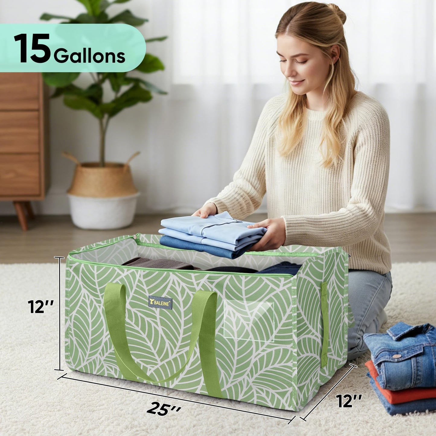 BALEINE Extra Large Storage Tote with Zippers & Carrying Handles, Heavy-Duty Oxford Fabric Moving Bags for Laundry, Space Saving, Storage, Antique Foliage